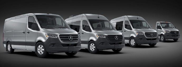 Four different Sprinter models on a dark background.