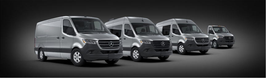 Four different models of Sprinter vans on a dark background.