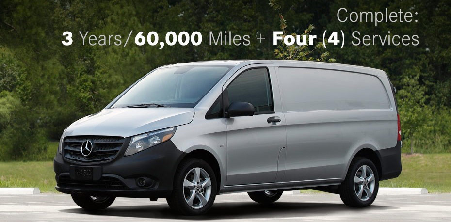 View of Metris van and text showing 3 years/60,000 miles and 4 services