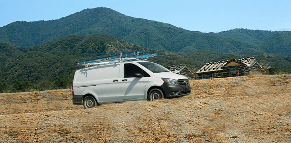 View of a van on vertical incline.
